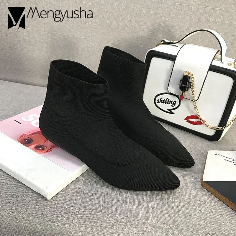 famous designer knitting ankle boots women pointed toe stretch fabric slip on botas mujer flat heel comfortable elastic booties