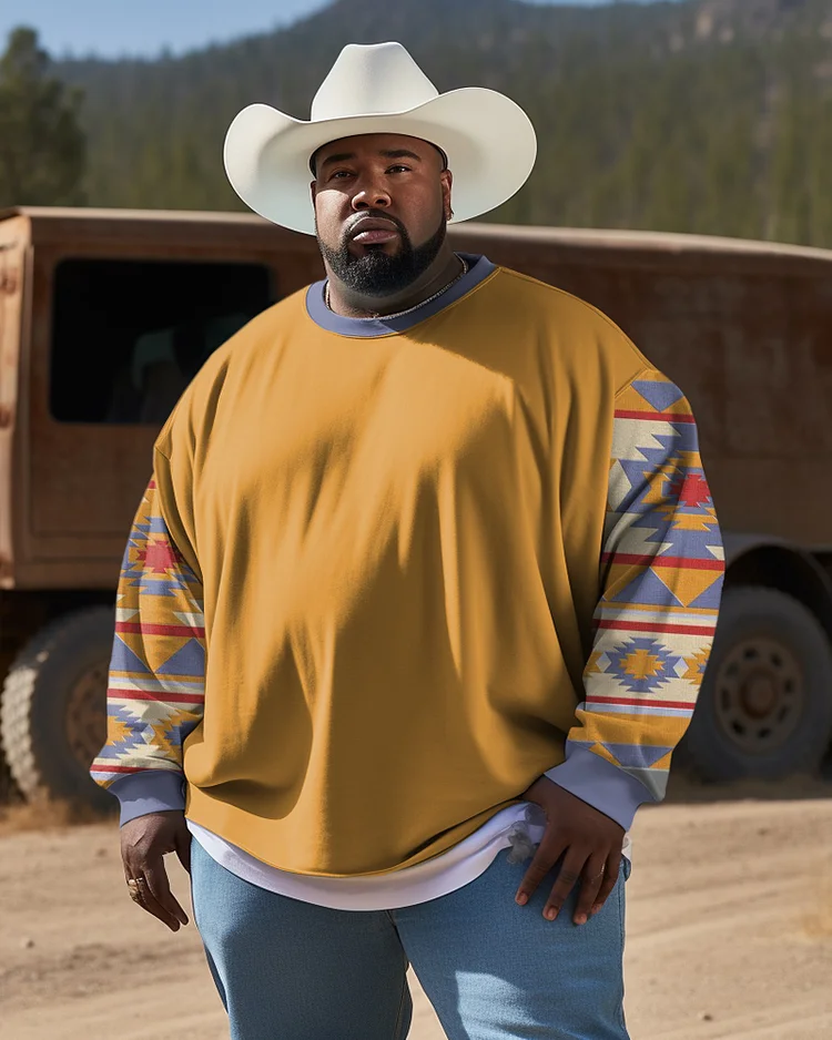Men's Plus Size Yellow Diamond Western Ethnic Style Long Sleeve Sweatshirt