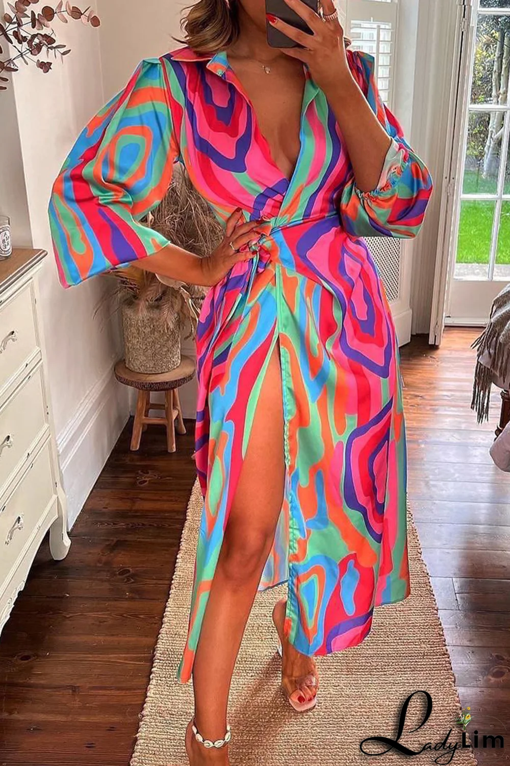 Red Fashion Print Patchwork V Neck Waist Skirt Dresses