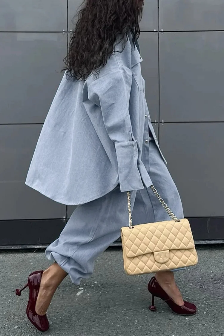 Plus Size Business Casual Light Blue Shirt Collar Long Sleeve Pocket Casual Denim Two Piece Pant Sets [Pre-Order]