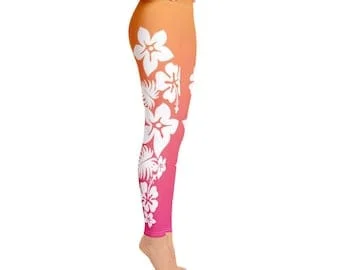 Pornhint Surf's Up Premium Leggings, Hawaii, Tropical Flowers, Sunset Colors, Beach Vibes