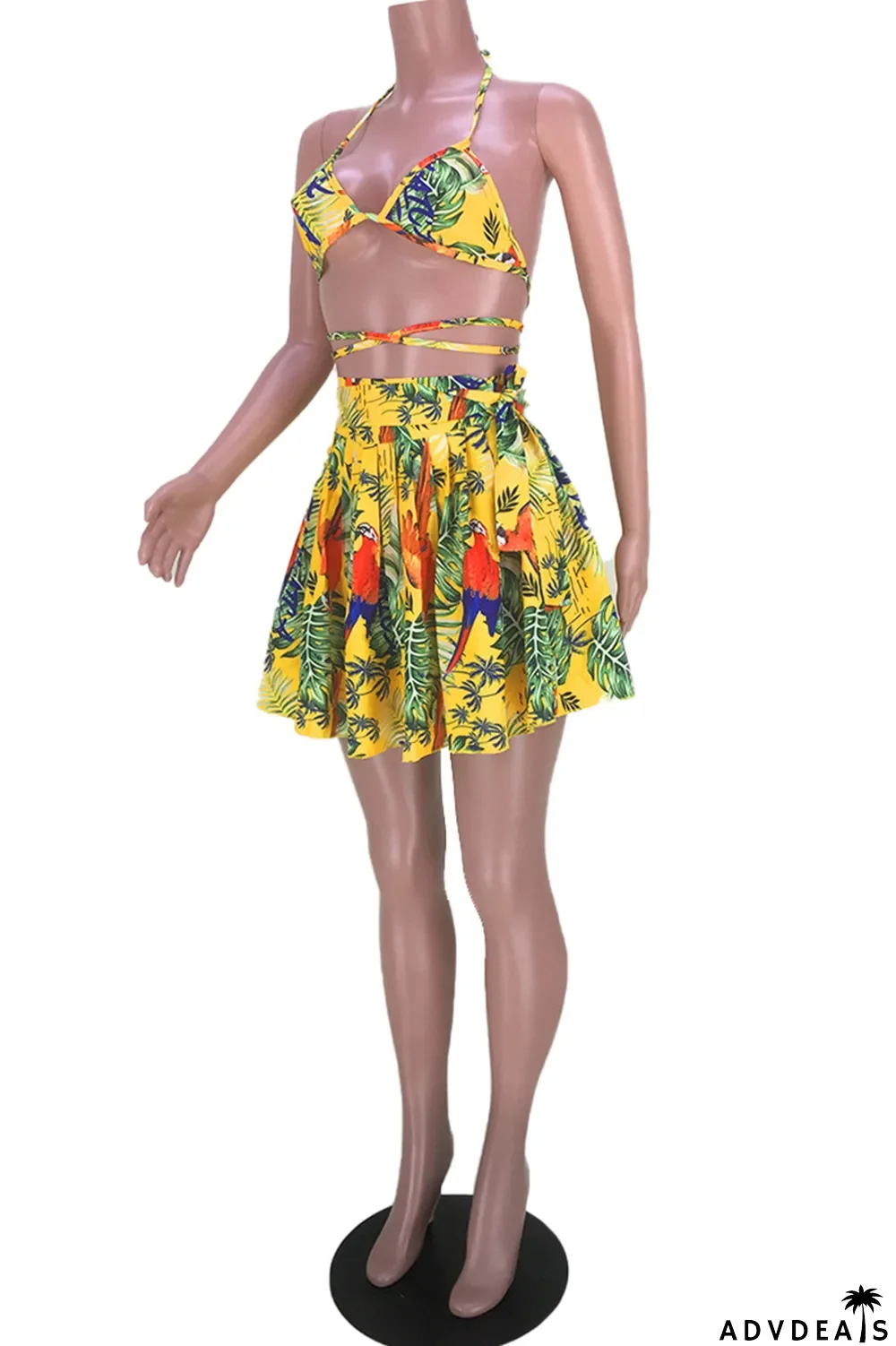 Gold Fashion Sexy Print Bandage Backless Spaghetti Strap Sleeveless Two Pieces