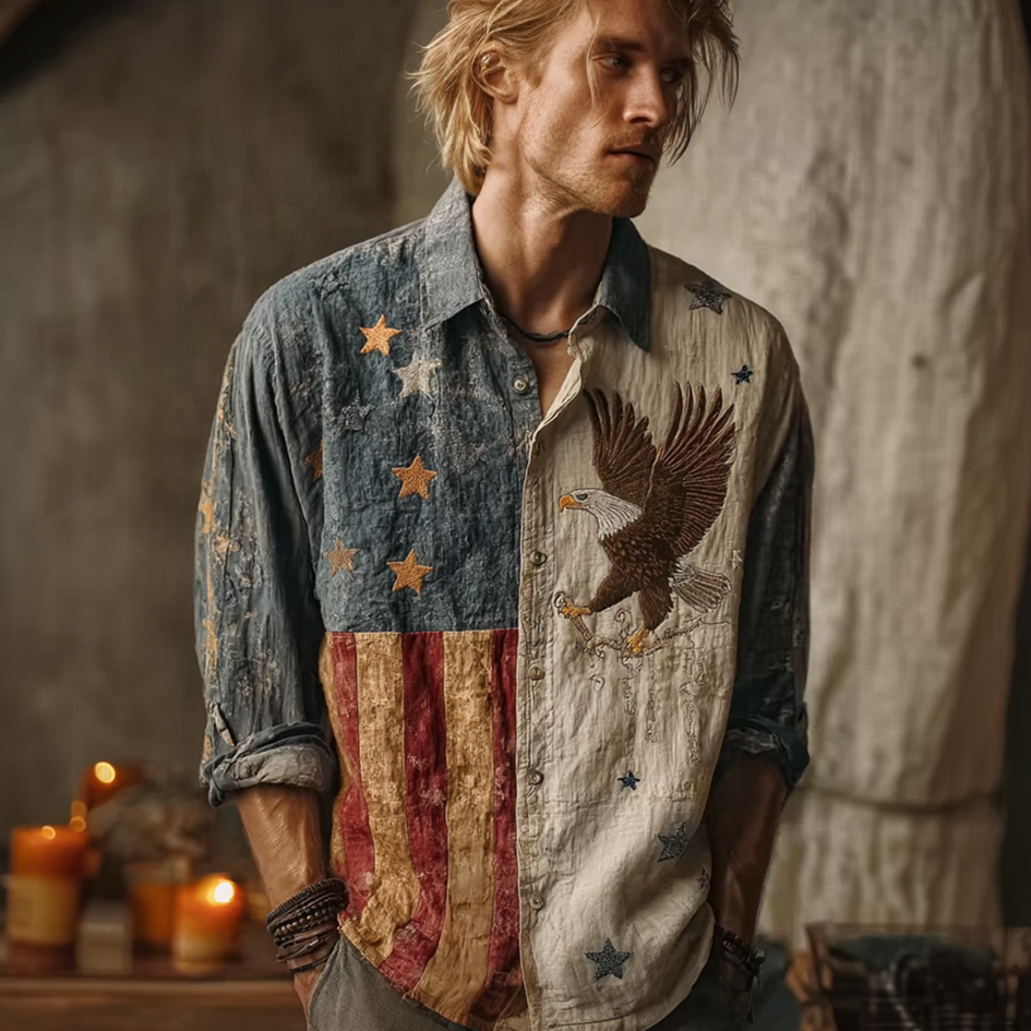  Men's Retro American Flag Element Eagle Pattern Embroidery Casual Linen Shirt 1 Westsshops