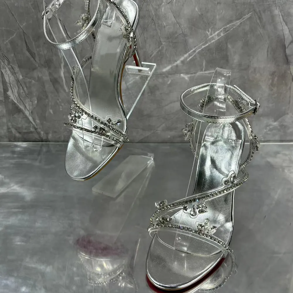 100mm Spotlight Wavy Straps Sandals Red Bottom Stilettos Rhinestones Sandals -vocosishoes
