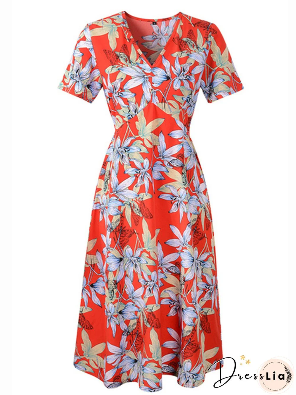 Floral Print V-Neck Half Elastic Waist Dress