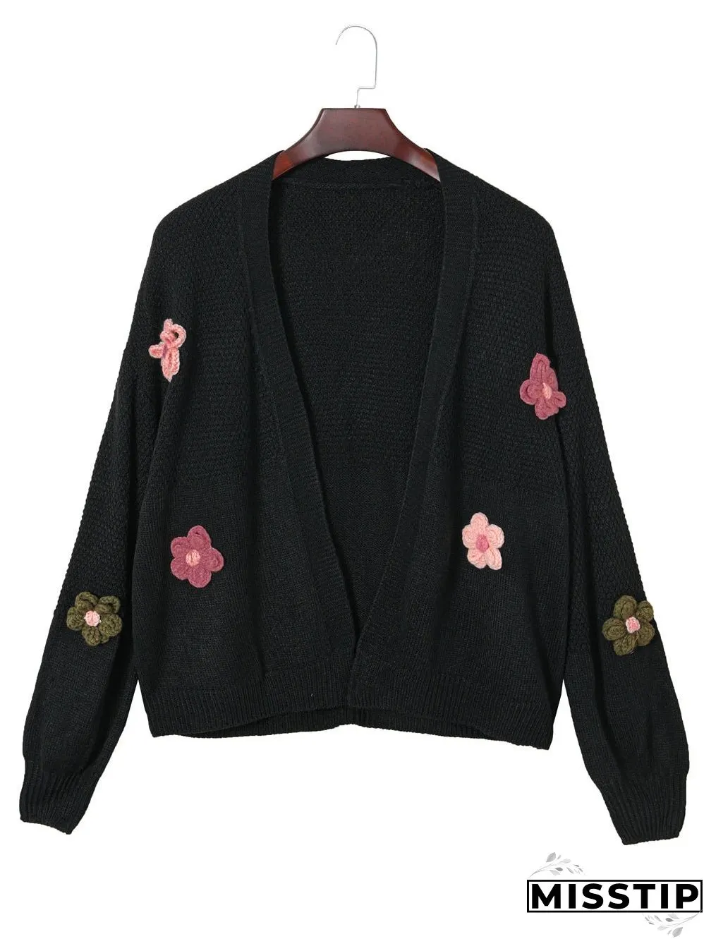 Sweet Black Floral Bubble Sleeve Cardigan with Shoulder Drop