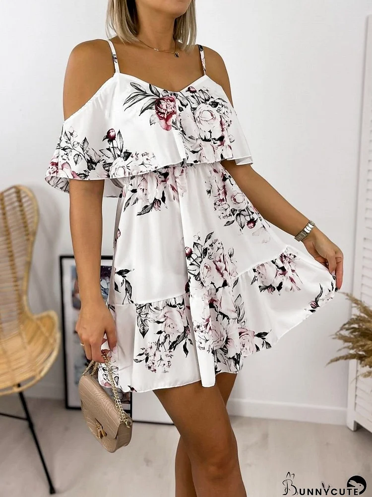 Printed V-neck Off-shoulder Sling Dress for Women