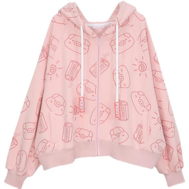 Bright Pig Bat Sleeve Printed Loose Hoodie