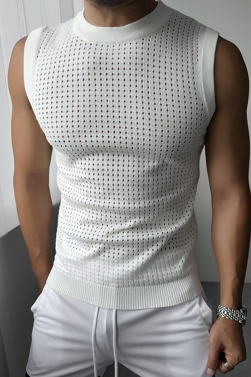 Hollow Out Knit Stretchy Casual White Tank Top