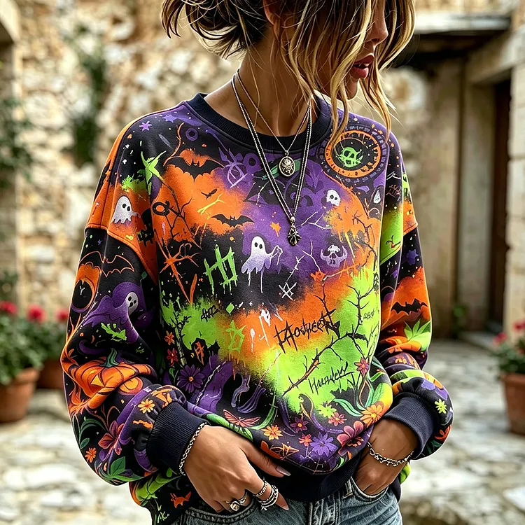 Women's Halloween Graffiti Graphic Crewneck Sweatshirt - Colorful Spooky Ghost And Pumpkin Art Print Pullover