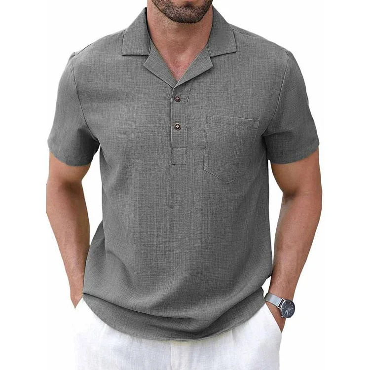 Men's Casual Cotton Linen Lapel Slim Fit Short-sleeved Pullover Shirt 90591156M