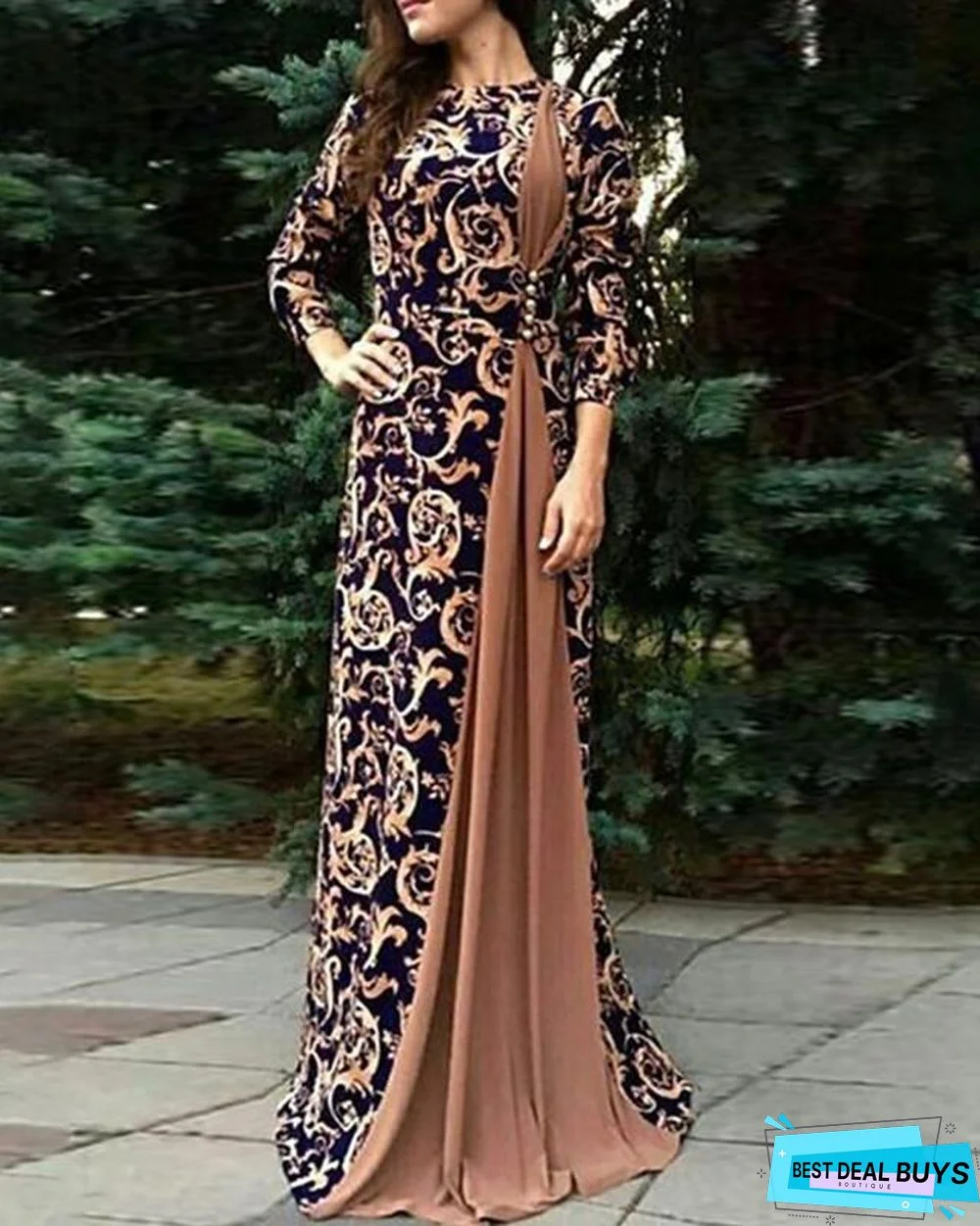 Women's Maxi Long Dress - 3/4 Length Sleeve Paisley Patchwork Print Fall Winter Plus Size Hot Elegant Black Blue Red Brown