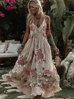 Women's Vintage Pink Rose Art Comfy Maxi Dress