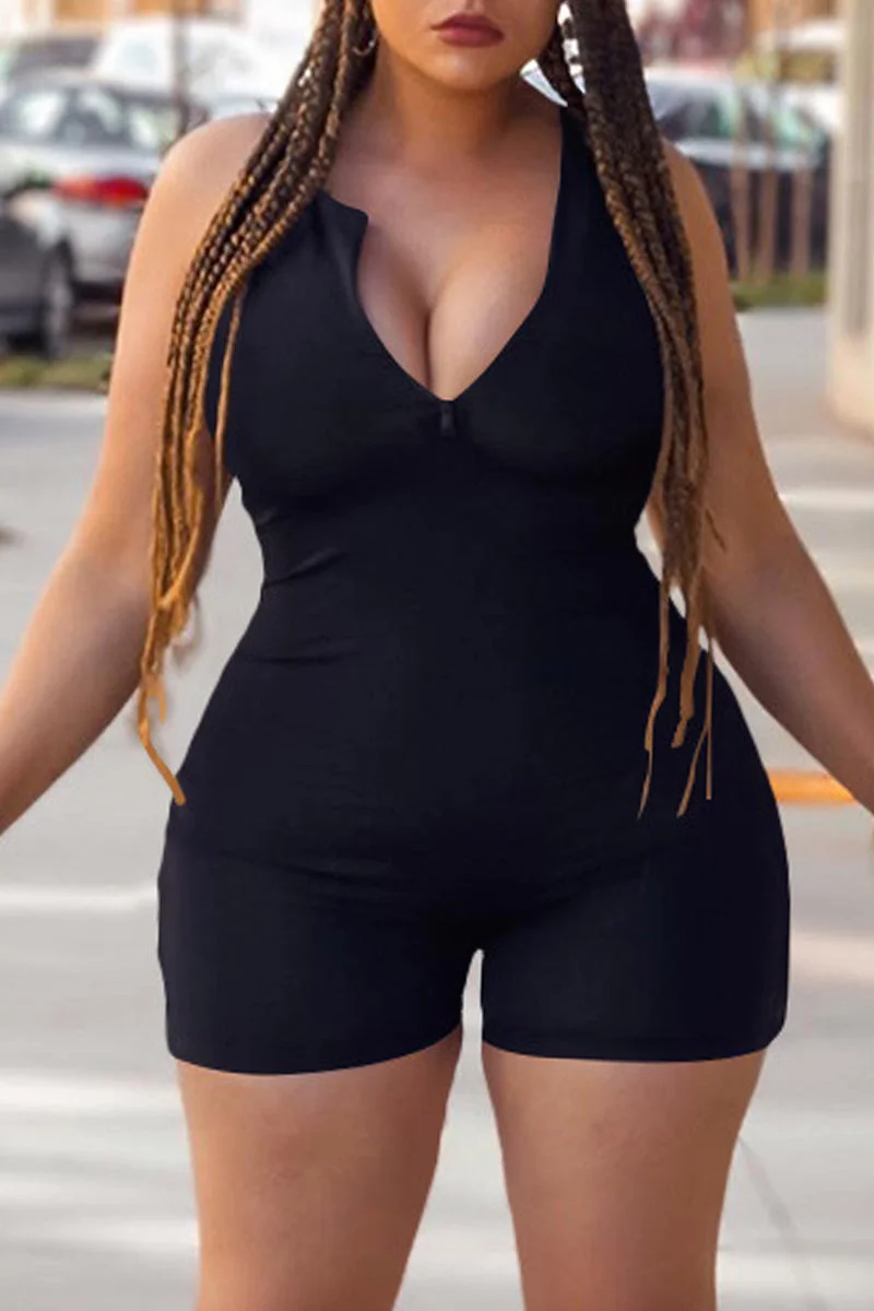 Fashion Casual Solid Basic Zipper Collar Skinny Romper
