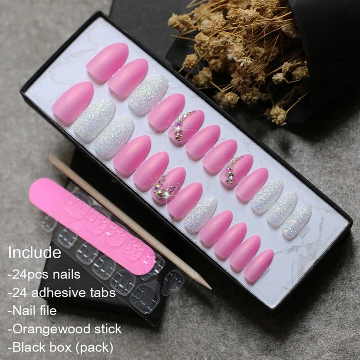Matte glitter art nails box Match press on nails Burgundy AB rhinestone fasle nails stiletto Custom nails white blue pink-Nail Inspo