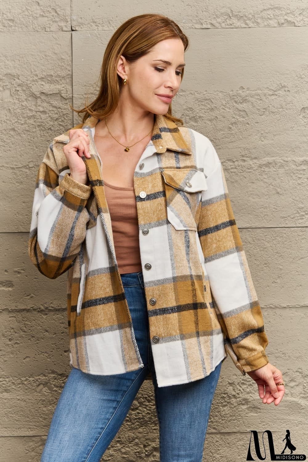 MidiSono - Plaid Dropped Shoulder Shirt Jacket