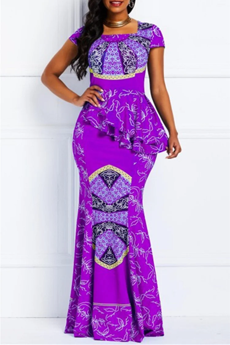 Purple Fashion Casual Print Split Joint O Neck Short Sleeve Dress Dresses
