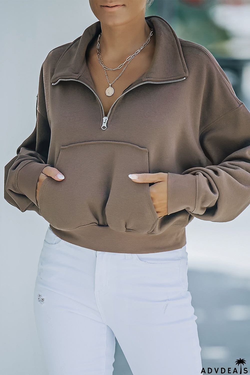 Zipped Turn Down Collar Cropped Sweatshirt with Pocket