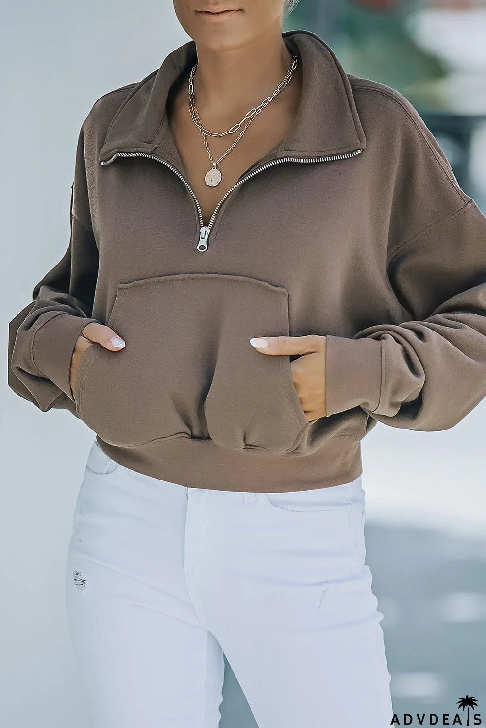 Zipped Turn Down Collar Cropped Sweatshirt with Pocket