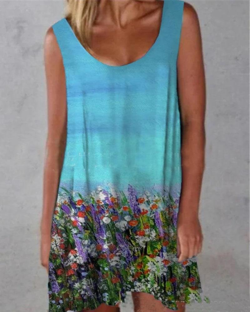 Round Neck Loose Sleeveless Printed Midi Dress