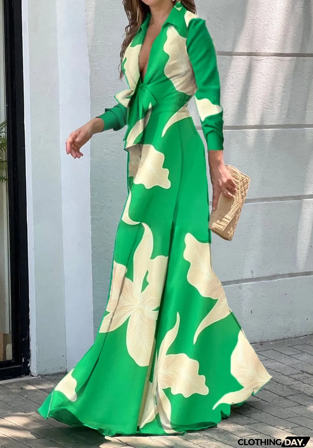 Women'S Fall Fashion V-Neck Long Sleeve Turndown Collar Loose Wide Leg Jumpsuit