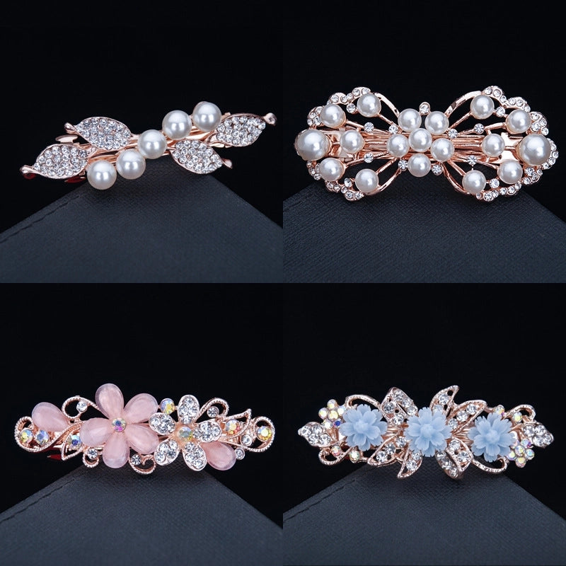 Korean Hair Accessories Rhinestone Bow Simple Hairpin Adult Pearl Horizontal Clip Ponytail Clip Top Clip Spring Clip Small