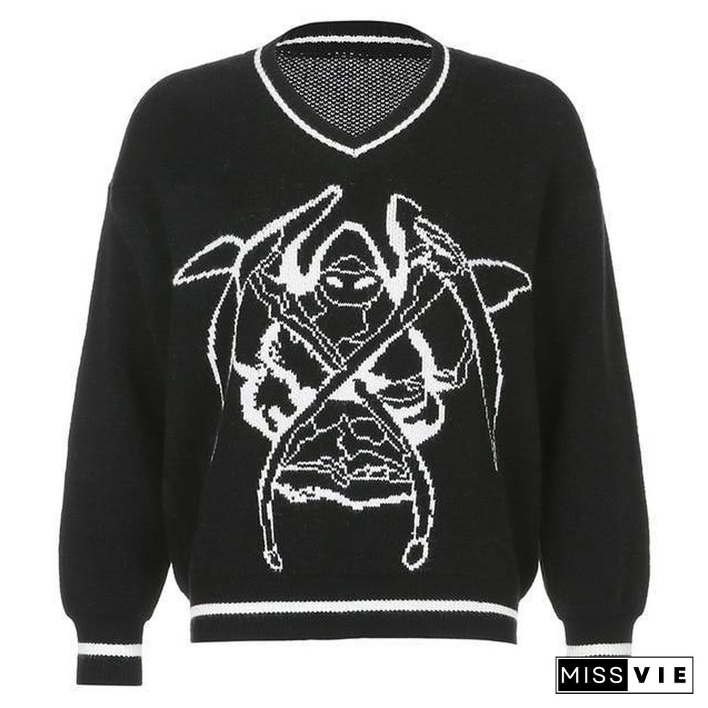 Rapcopter Y2K Sweaters Skulls Pullovers V Neck Knitwear Loose Casual Knitted Tops Women Streetwear Retro Tops Blue Autumn