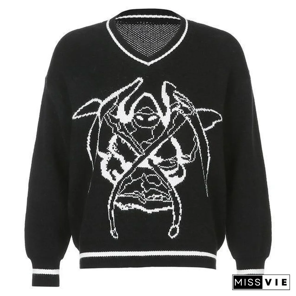 Rapcopter Y2K Sweaters Skulls Pullovers V Neck Knitwear Loose Casual Knitted Tops Women Streetwear Retro Tops Blue Autumn