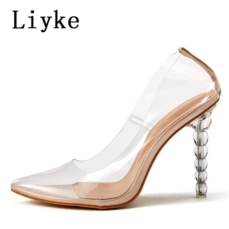 Liyke PVC Transparent Strange Perspex High Heels Women Pumps Slingback Sandals Sexy Pointed Toe Lady Party Nightclub Clear Shoes
