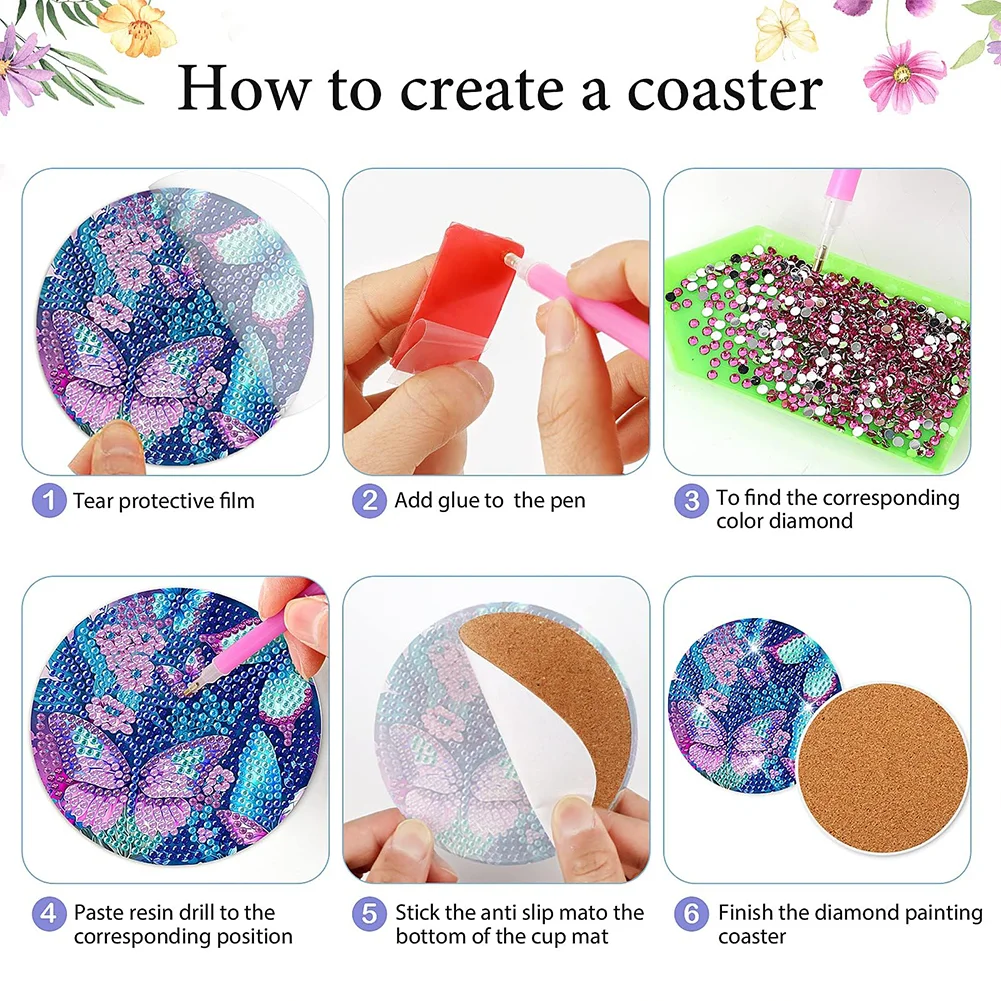 8pcs DIY Purple Butterfly Diamond Painting Coasters Kits Acrylic Full Drill Coaster Single Side Diamond