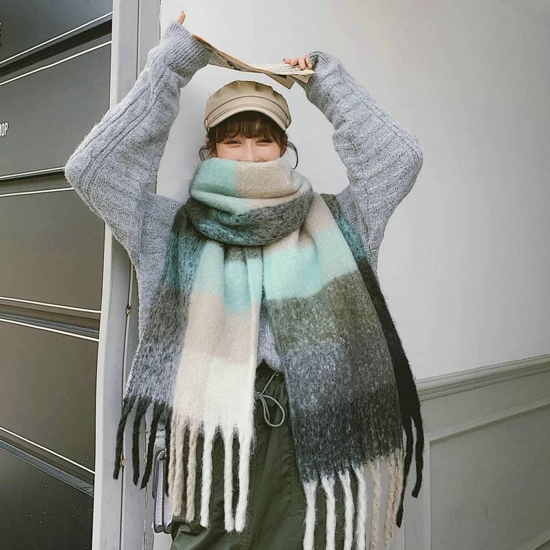 Knock On The Beauty Drop ~ A Big Love Thick Braid Rainbow Checkered Color Matching Scarf Winter Cashmere Plaid Tassel Shawl