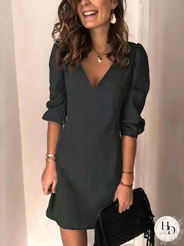 Casual Dress Shift Dress Mini Dress Black Navy Blue Blue 3/4 Length Sleeve Pure Color Slim Spring Summer V Neck Basic Daily Vacation Weekend S M L XL XXL 3XL for Women