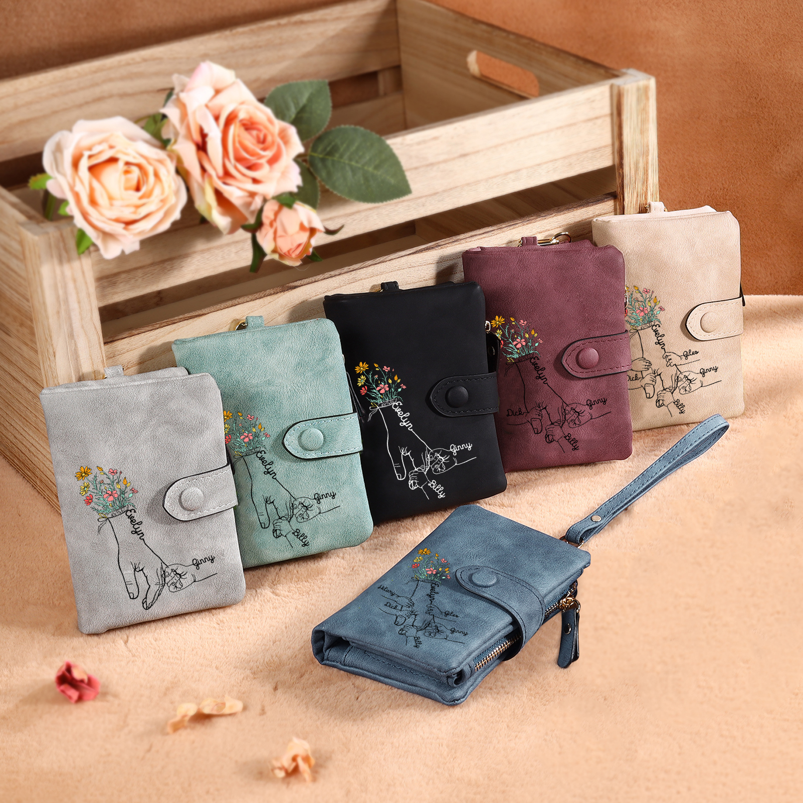 Portafoglio in PU pelle fiore mano con 6 nomi personalizzati per mamma/nonna