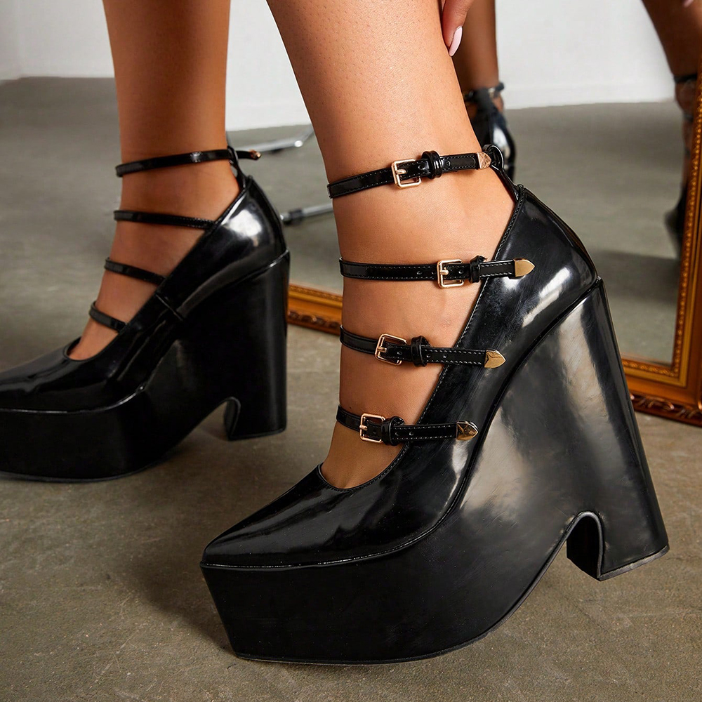 Black Patent Leather Pointy Toe Wedge Heel Platform Pumps with Buckles Nicepairs