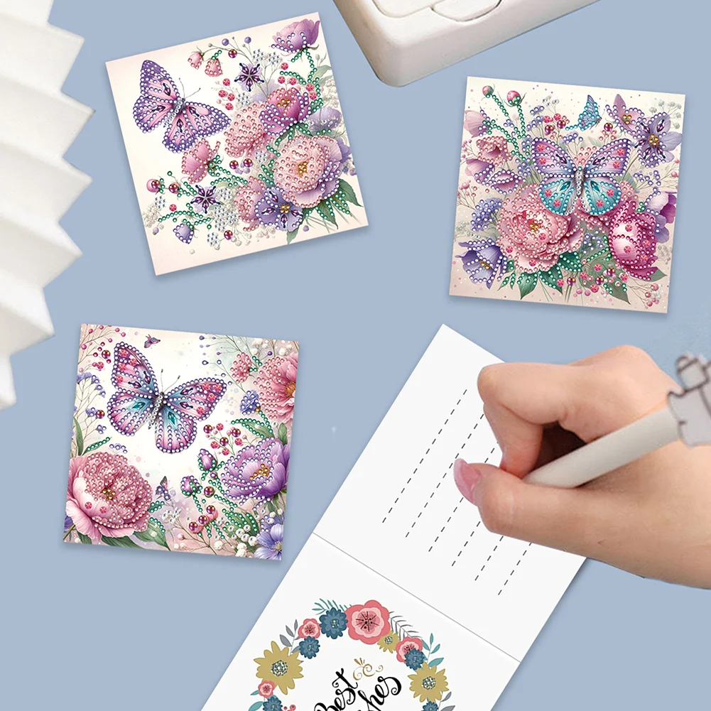 6Pcs Butterfly Rose DIY Diamond Painting Greeting Card 5D Drill Painting Card【With White Envelope】