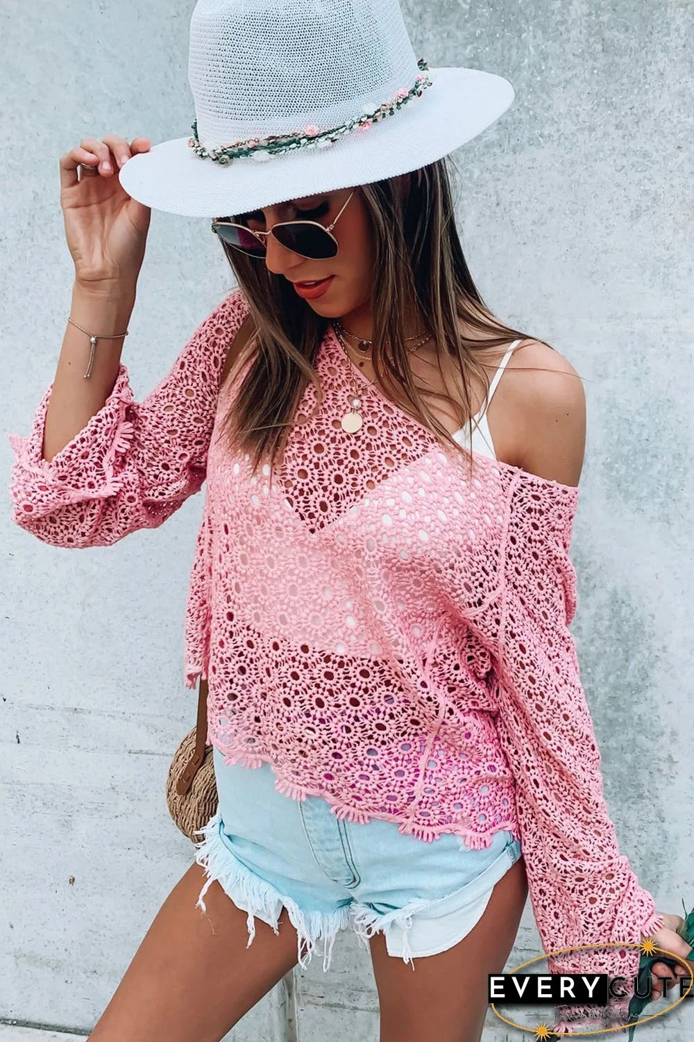 Pink Floral Pattern Hollow-out Knit Long Sleeve Top