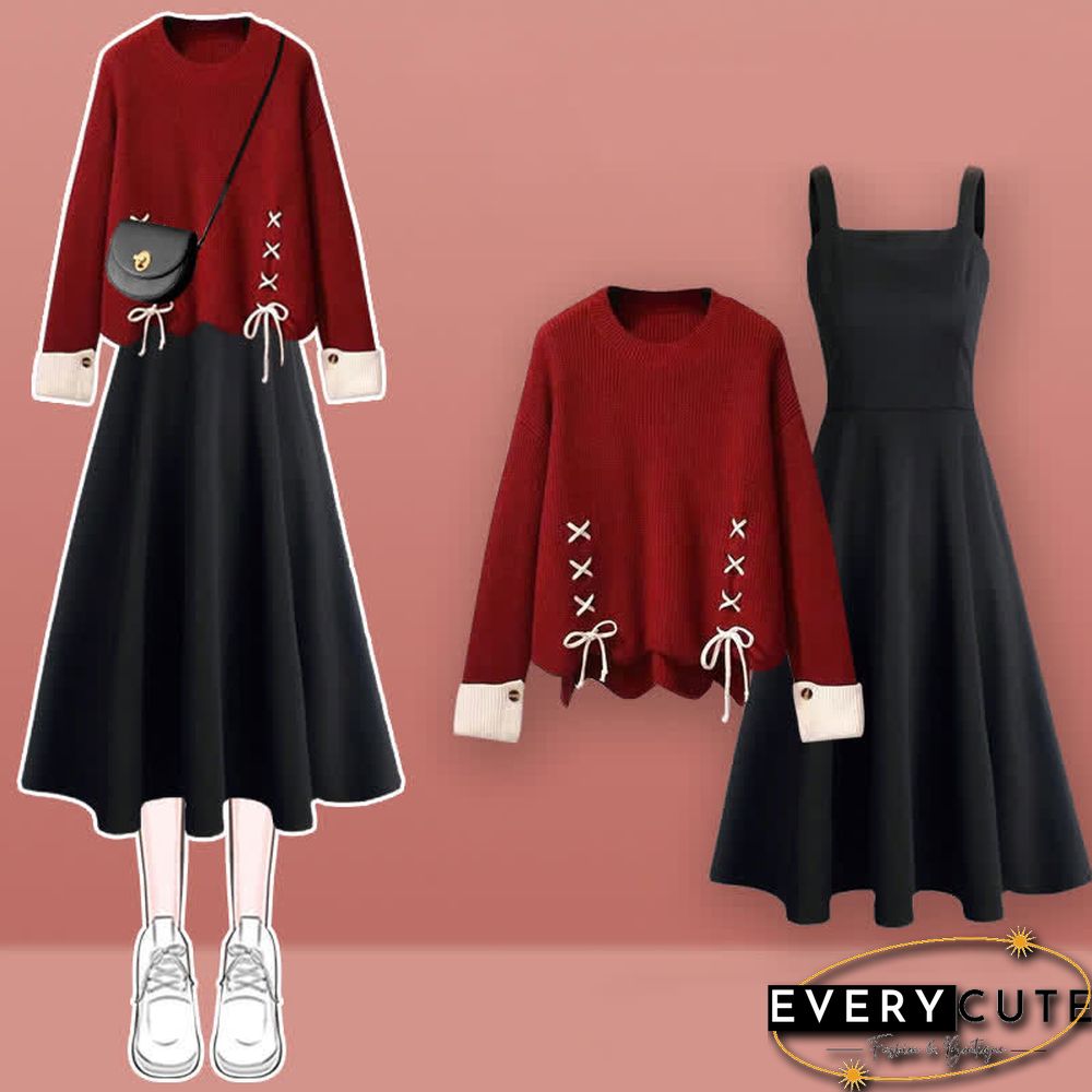 Round Collar Lace Up Knit Sweater Slip Dress Two Pieces Set
