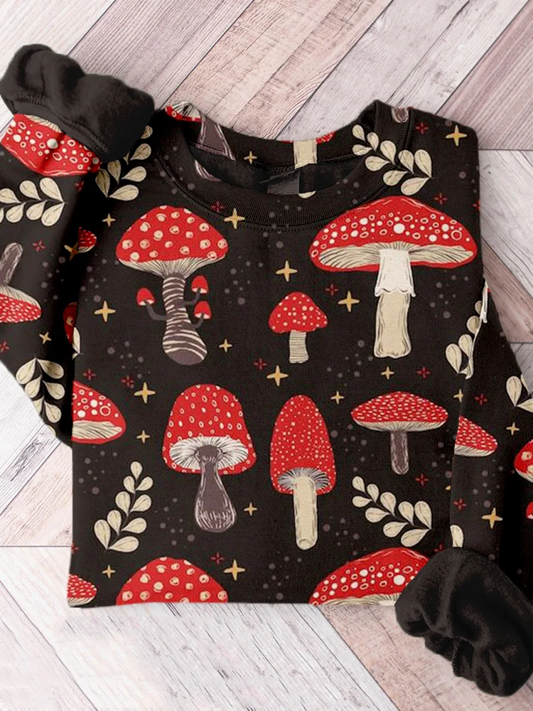 Comstylish Cute Mushrooms Pattern Crew Neck Comfy Sweatshirt