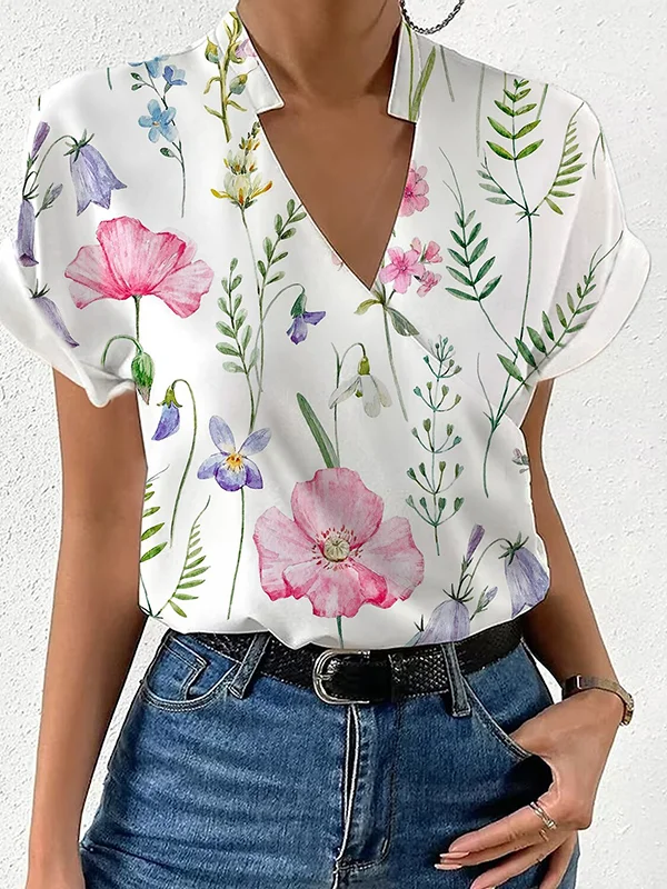 Loose Short Sleeves Floral Printed Split-Joint Stand Collar Blouses&Shirts Tops