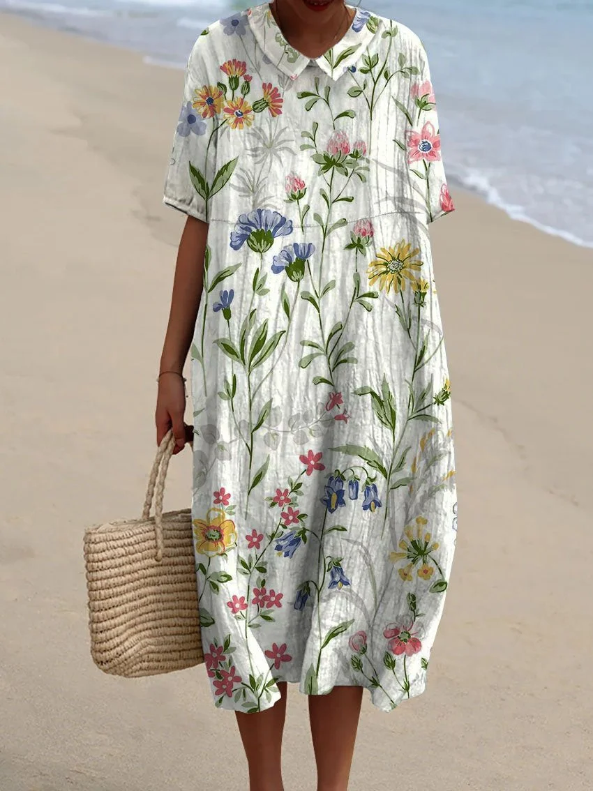 Women's Vintage Lovely Floral Art Print Casual Pocket Linen Dress（Convertible Dress With Front And Back Option）