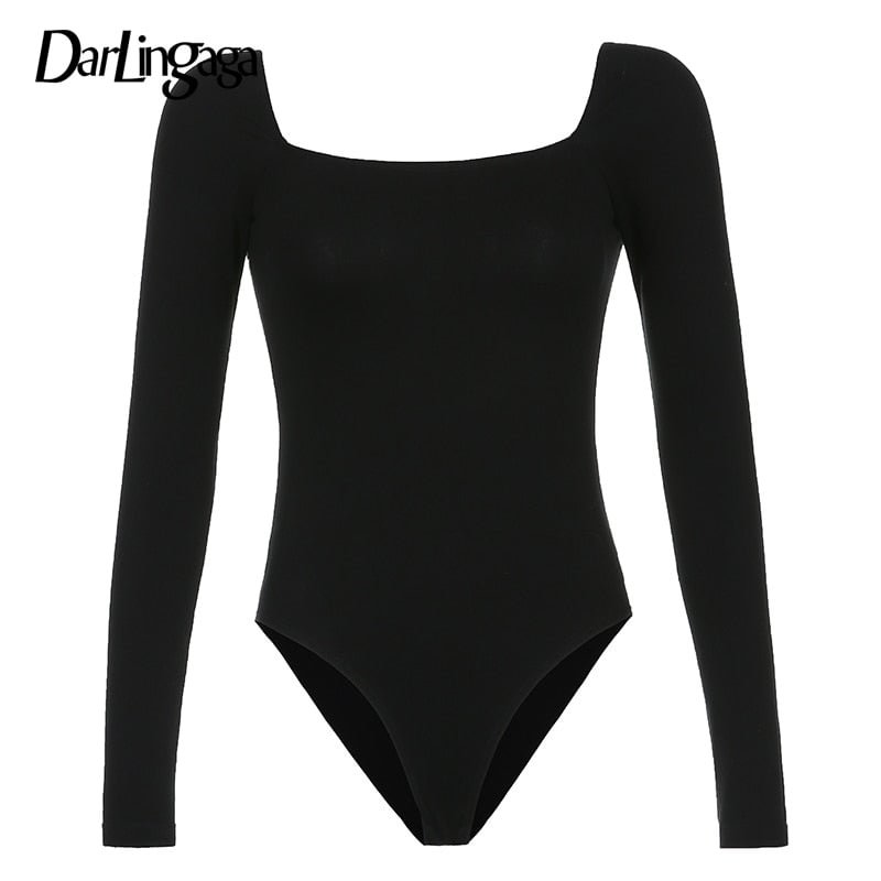 Darlingaga Square Neck Basic Cotton Black Autumn Bodysuit for Women Solid Slim Long Sleeve Body Chic Casual Bodysuits One Piece