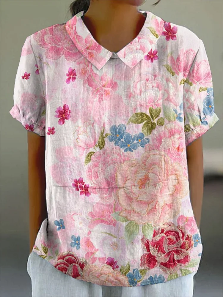 Women's Vintage Flower Print Casual Cotton And Linen Shirt