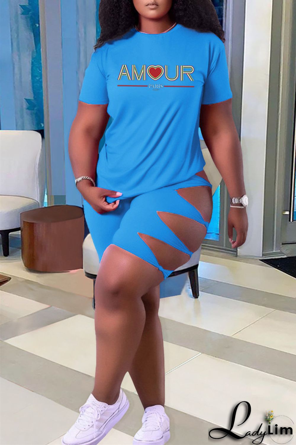 Green Fashion Casual Letter Print Ripped O Neck Plus Size Two Pieces