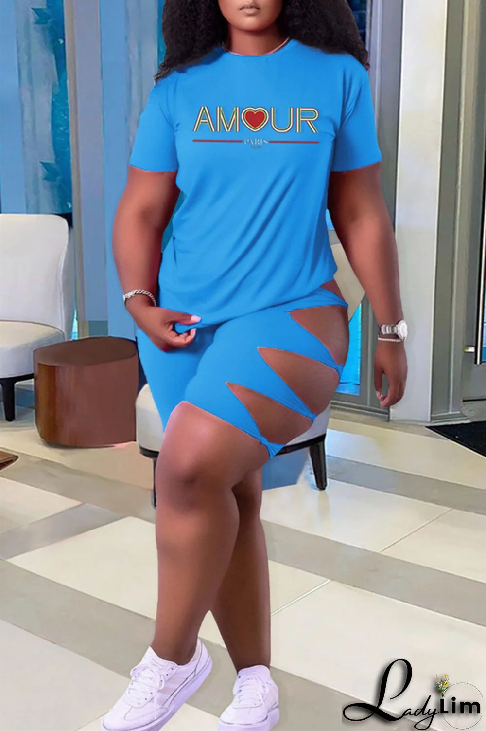 Green Fashion Casual Letter Print Ripped O Neck Plus Size Two Pieces