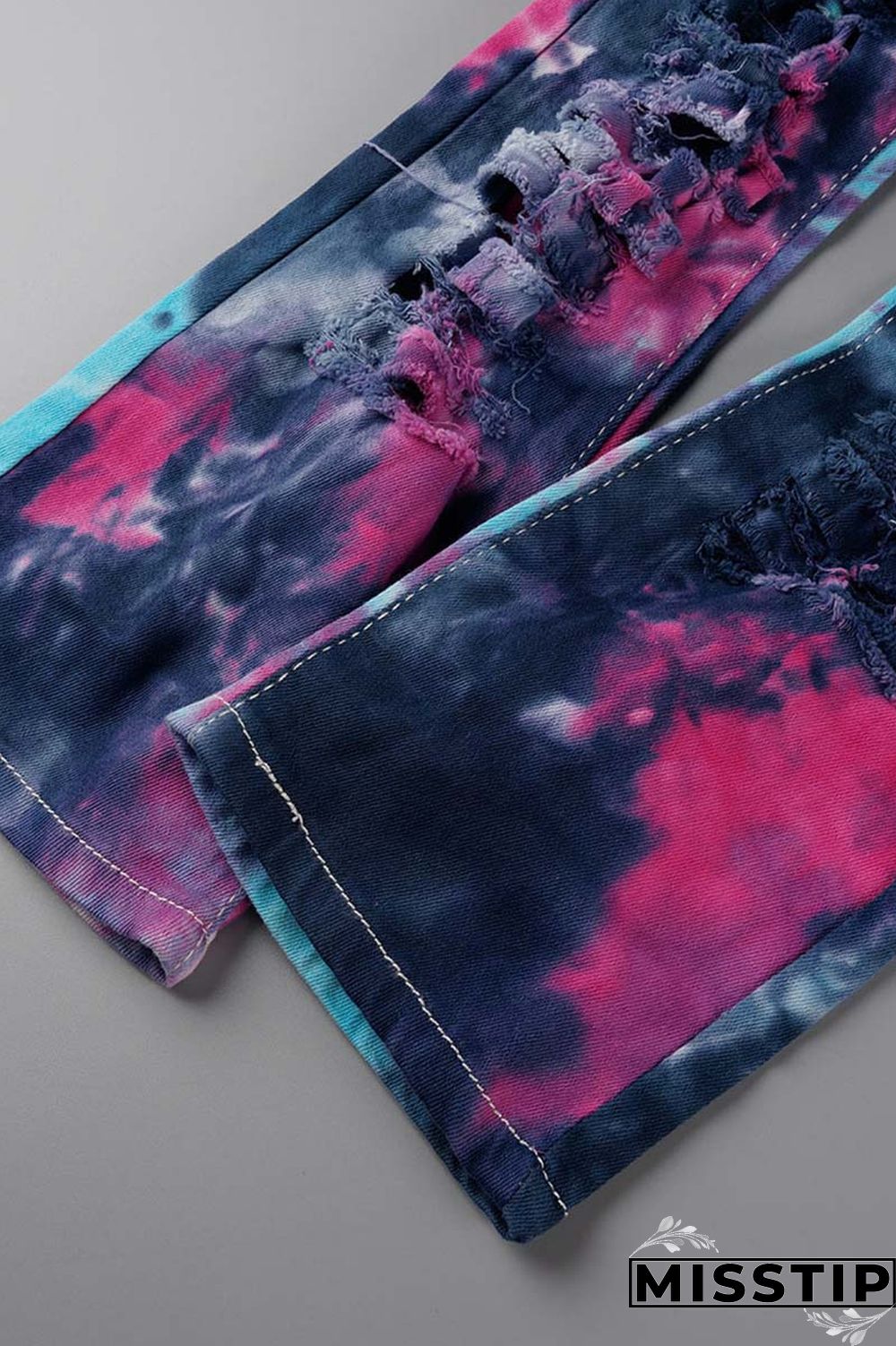 Deep Blue Casual Tie Dye Ripped Turndown Collar Long Sleeve Two Pieces