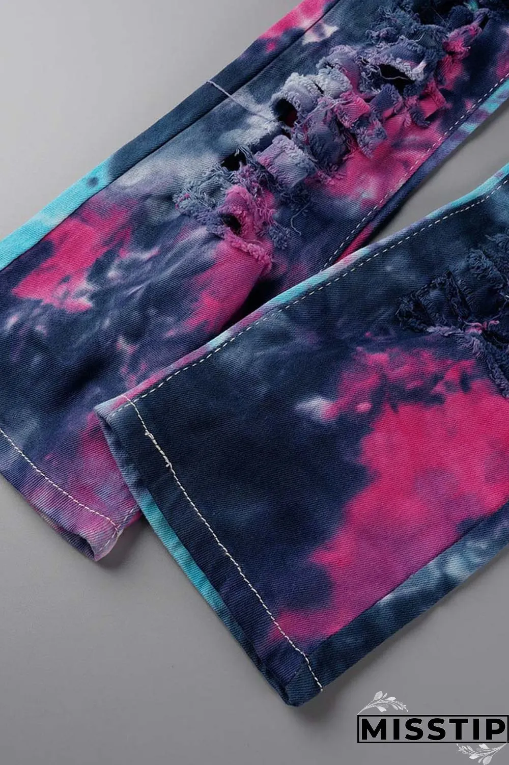Deep Blue Casual Tie Dye Ripped Turndown Collar Long Sleeve Two Pieces