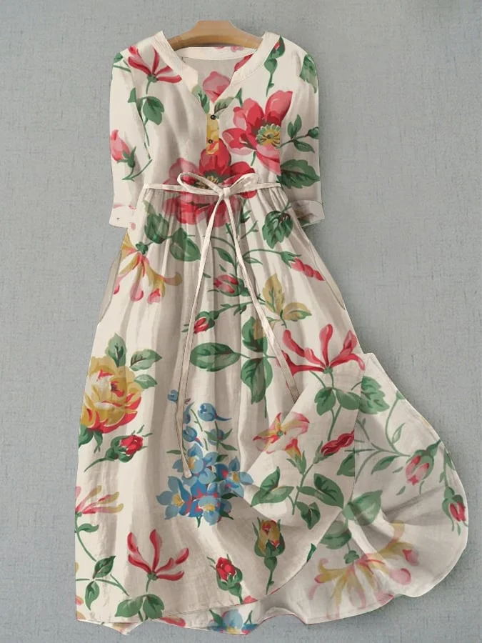 Women's Vintage Botanical Floral Print Pocket Lace-Up Dress