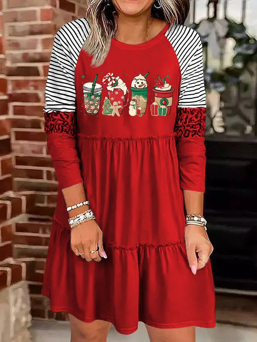 Merry Christmas Coffee Snowman Print Long Sleeve Dress