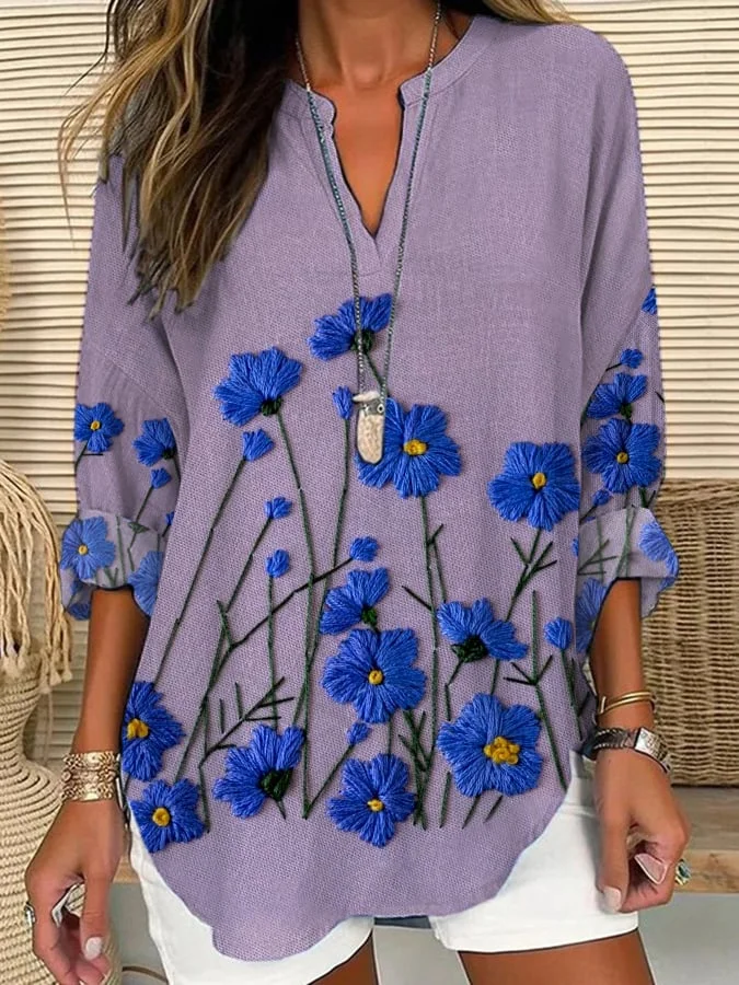Women's Purple Floral Loose Long Sleeve Top