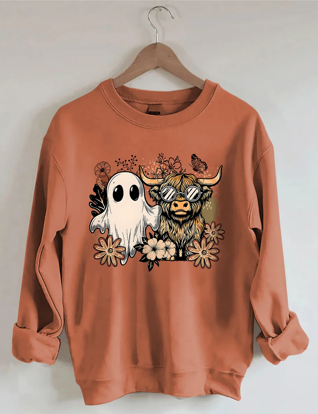 Ghost And Highland Cow With Flowers Sweatshirt
